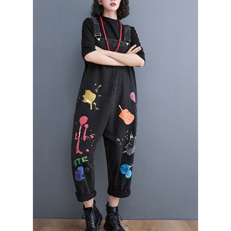 Streetwear Black painting Print Denim Jumpsuit Spring