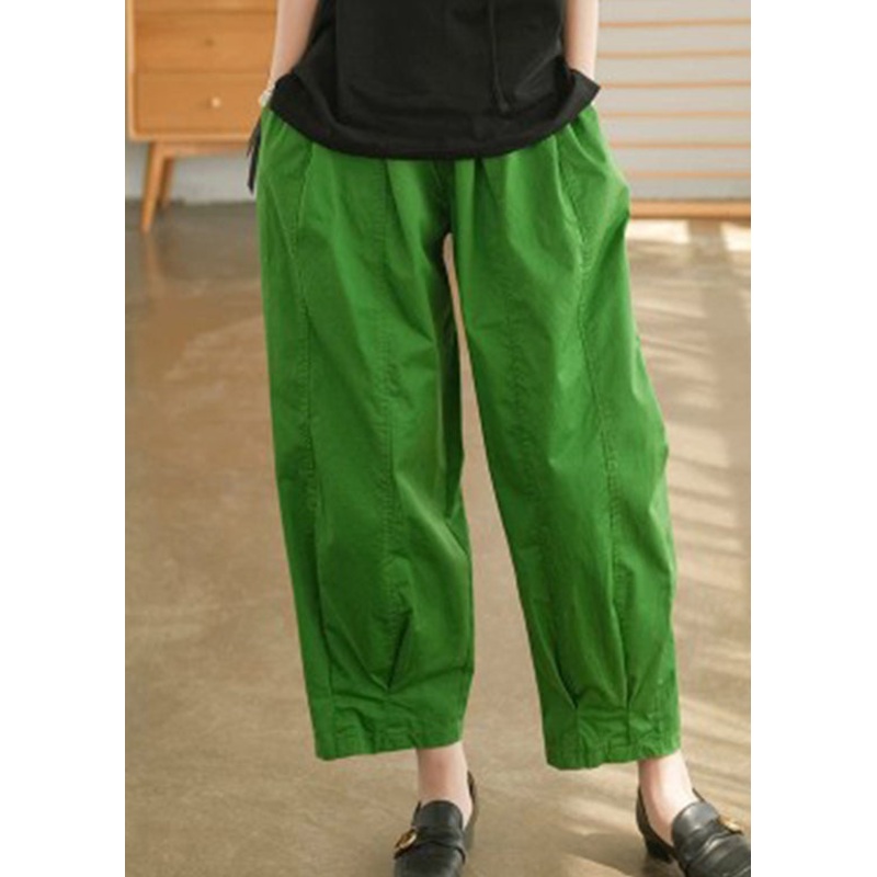 Stylish Green Elastic Waist Drawstring Pockets Cotton Harem Pants Spring