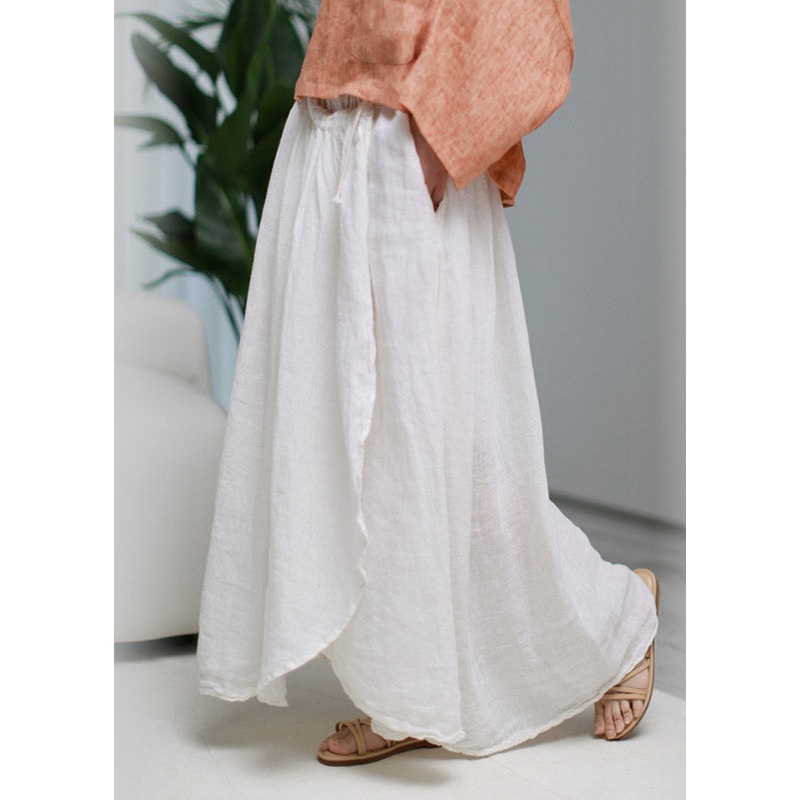 Stylish White Asymmetrical Pockets wrinkled Tie Waist Linen Skirt Summer