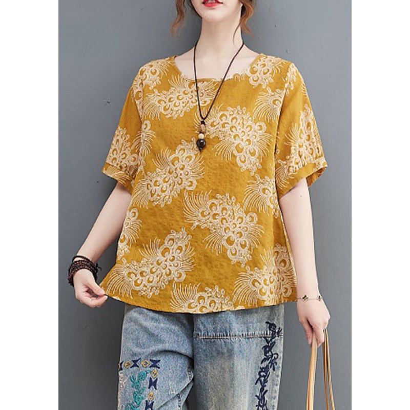 Stylish Yellow O-Neck Cotton Top Short Sleeve