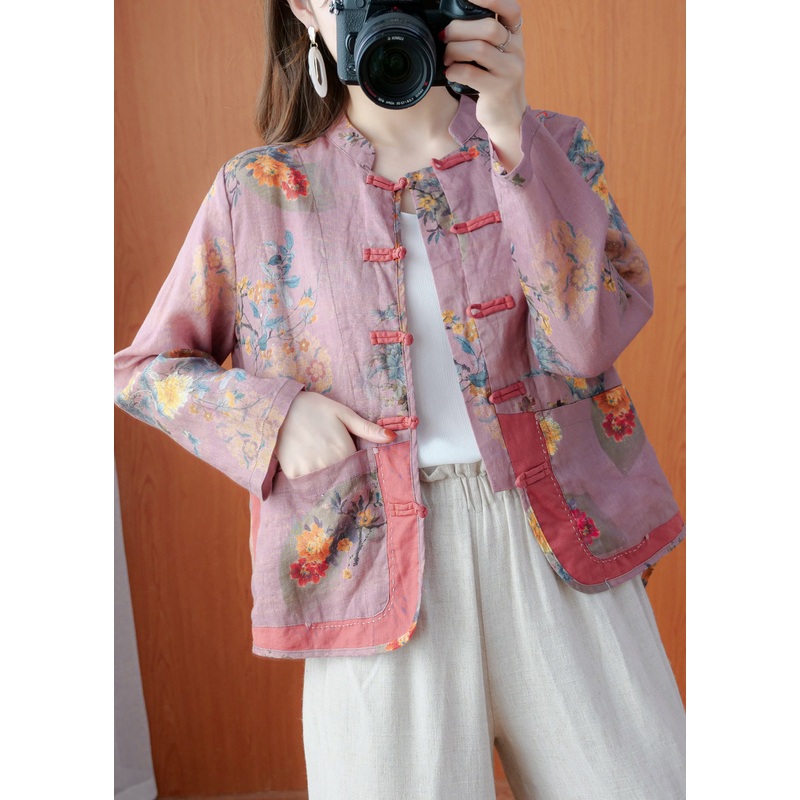 Unique Dark Pink Stand Collar Pockets Print Linen Coat Long Sleeve