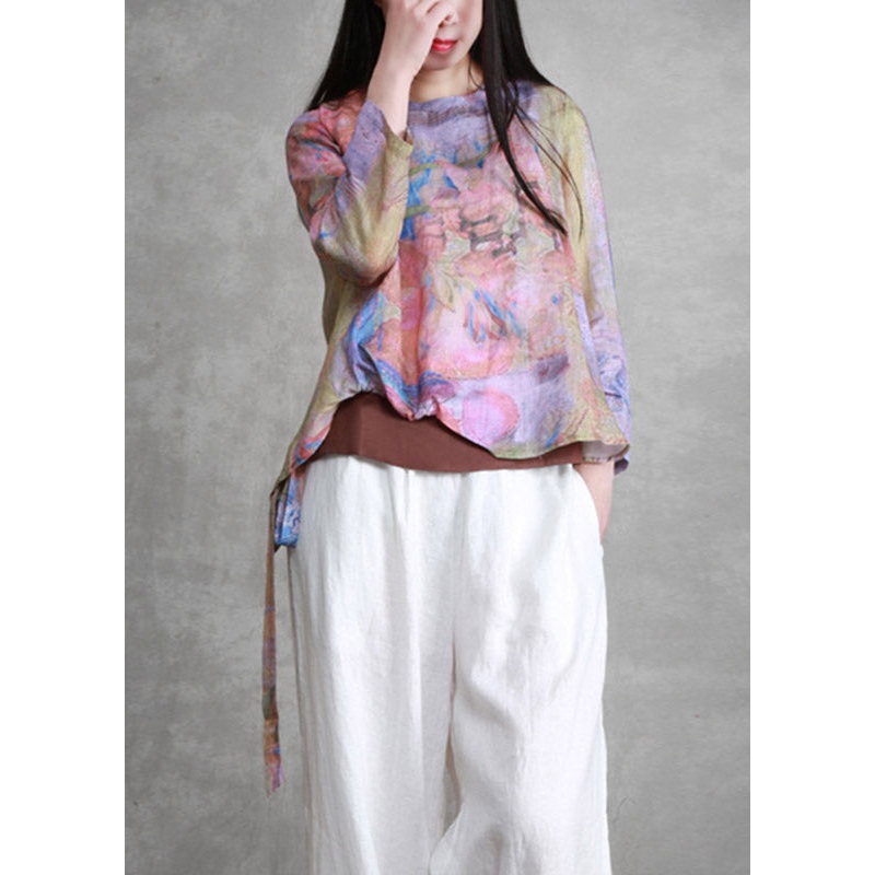 Unique O-Neck Print Asymmetrical Low High Design Tie Waist Linen Top Long Sleeve