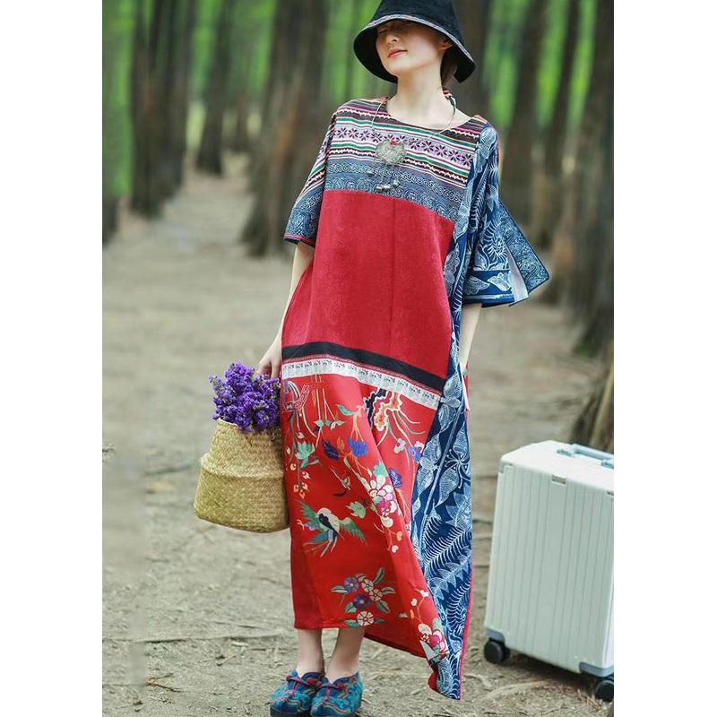 Unique Red Ethnic Style Patchwork Print Cotton Long Dress Short Sleeve