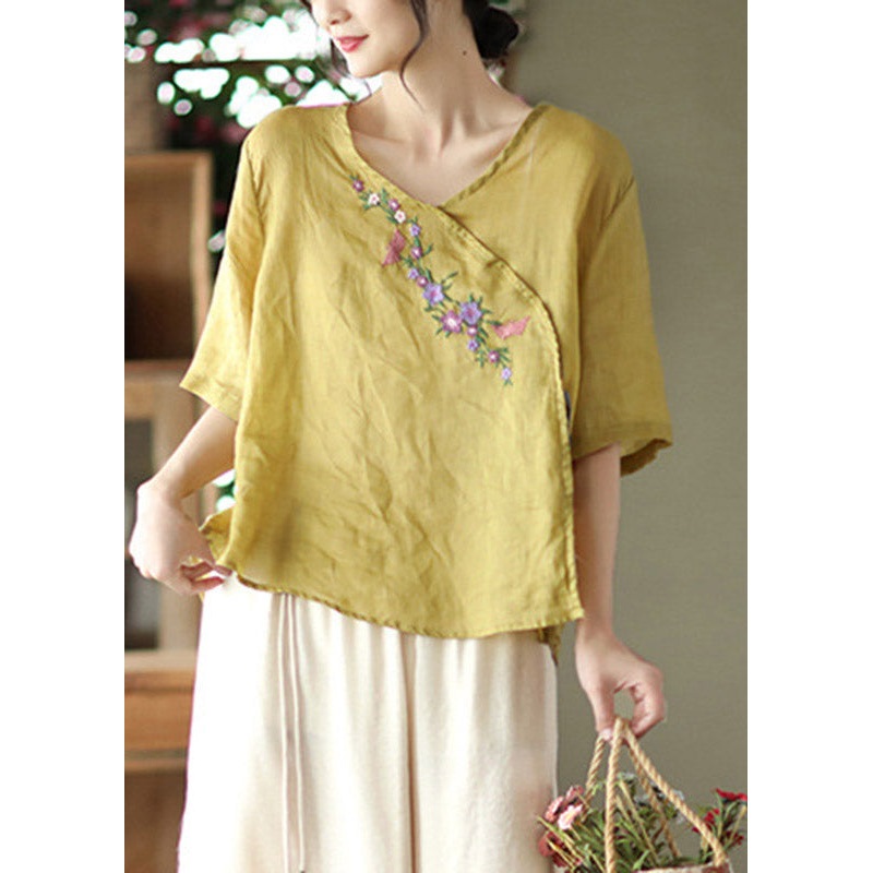 Unique Yellow V Neck Embroideried Floral Linen T Shirt Half Sleeve