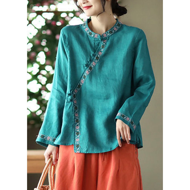Vintage Blue O-Neck Print Button Linen Shirt Long Sleeve
