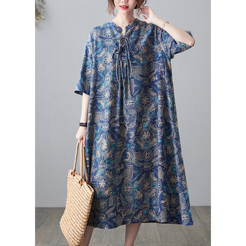 Vintage Blue Stand Collar Lace Up Print Linen Dresses Half Sleeve