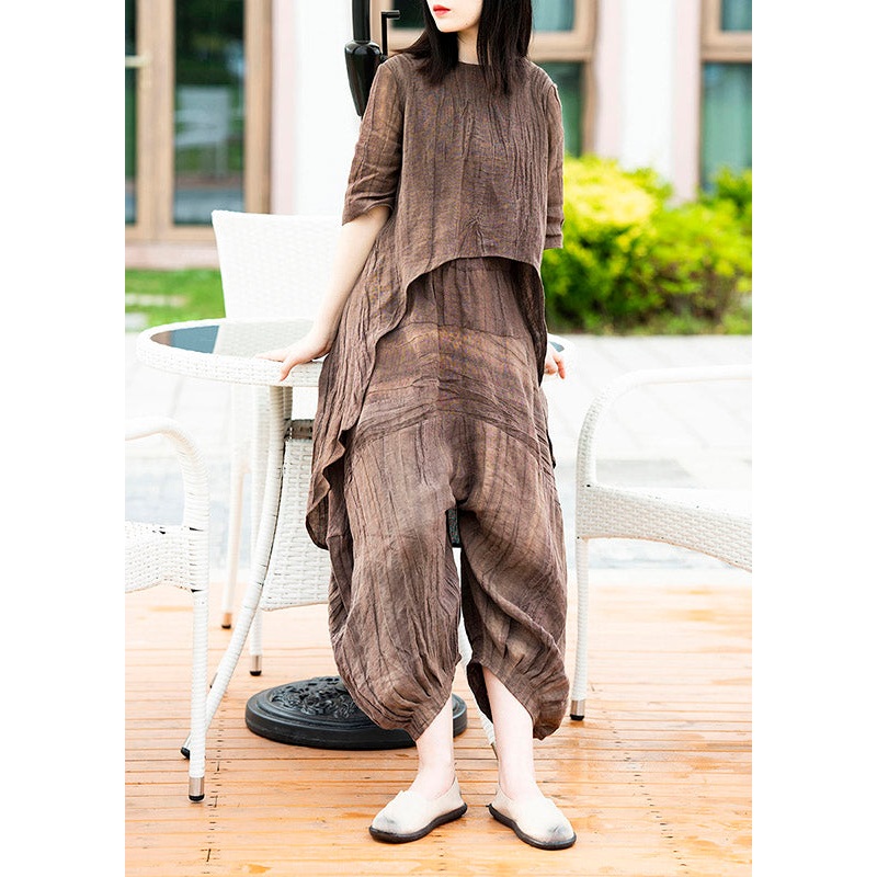 Vintage Coffee O-Neck Asymmetrical Linen Top And Lantern Pants Two Pieces Set Summer