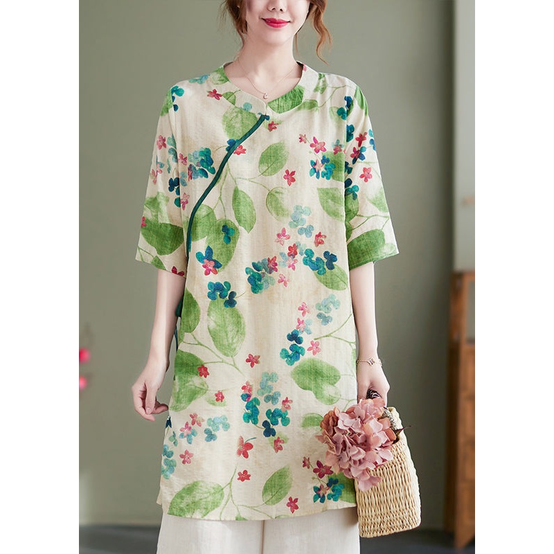Vintage Green O-Neck Tie Waist Print Linen Dress Half Sleeve