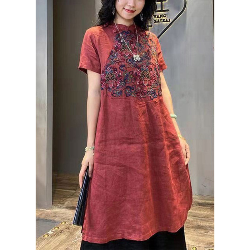 Vintage Mulberry Stand Collar Embroideried Linen Long Dress Short Sleeve
