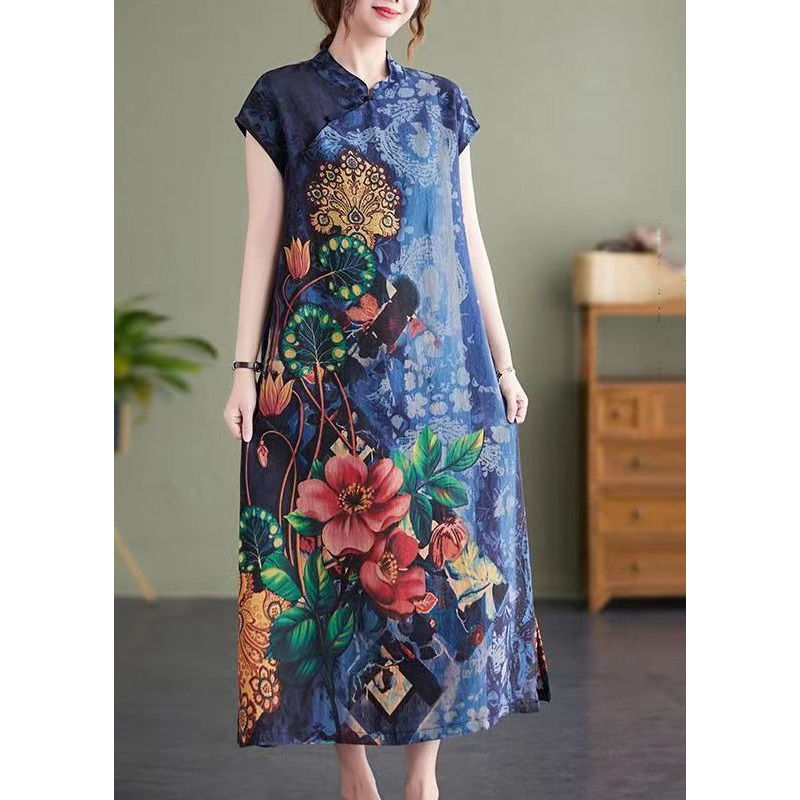 Vintage Navy Stand Collar Side Open Print Cheongsam Dresses Short Sleeve