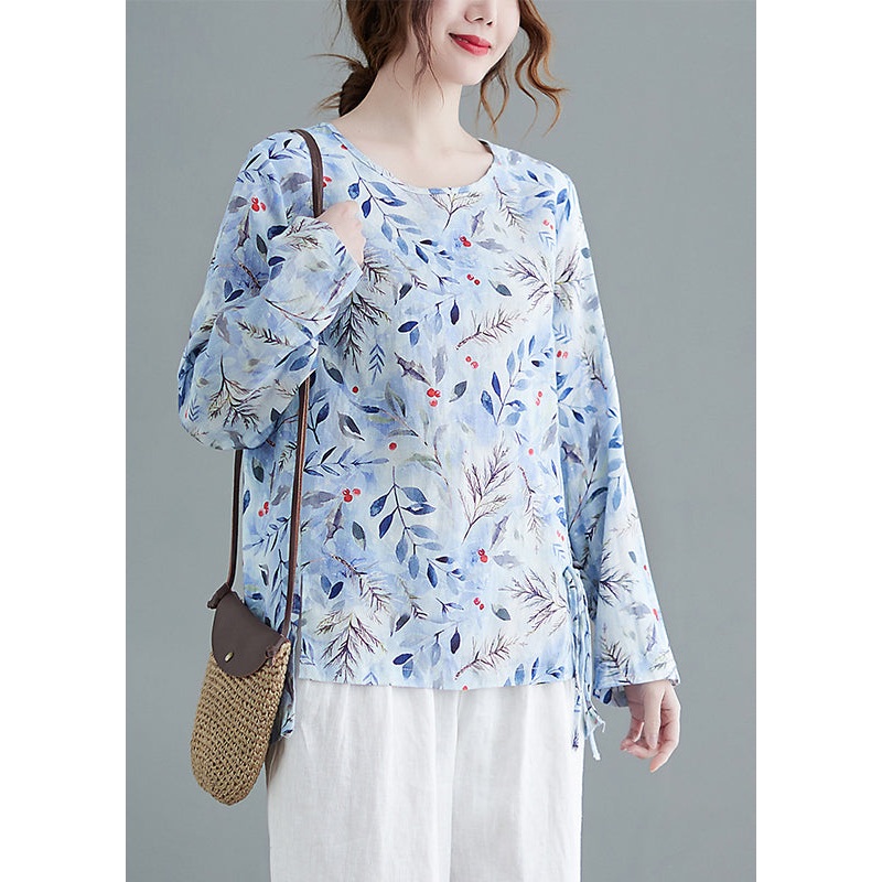 Vintage O-Neck Asymmetrical Lace up Print Top Long Sleeve