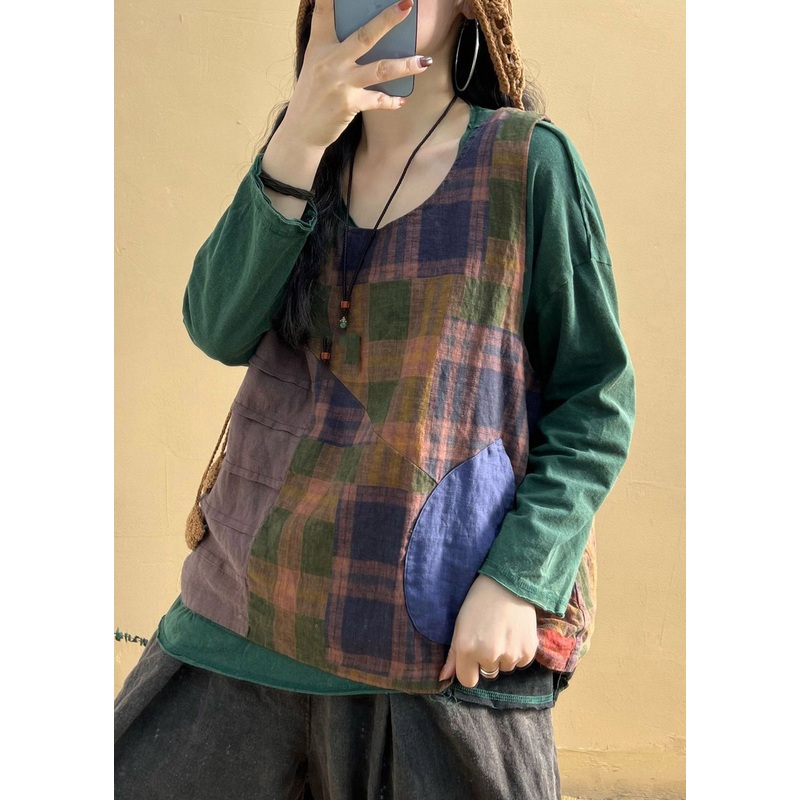 Vintage O-Neck Plaid Patchwork Pockets Linen Vest Sleeveless