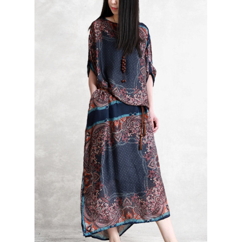 Vintage O-Neck Print Patchwork Pockets Tie Waist Chiffon Dresses Short Sleeve
