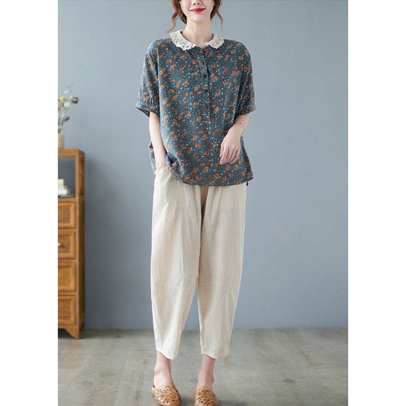 Vintage Peter Pan Collar Button print Tops Short Sleeve harem pants Two Pieces Set