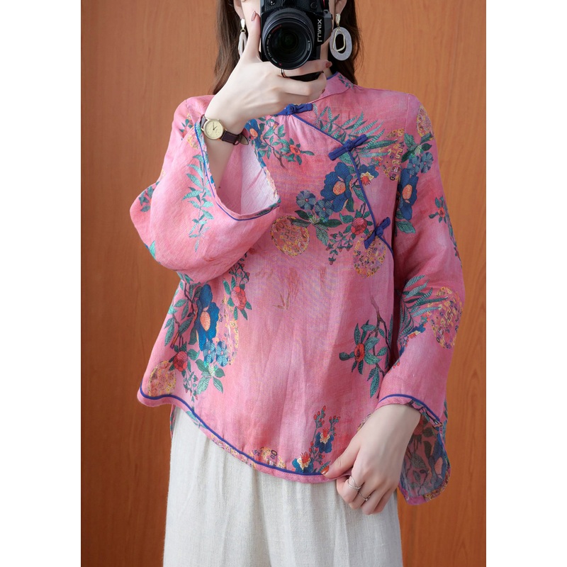 Vintage Pink Stand Collar Button Print Linen Shirt Top Long Sleeve