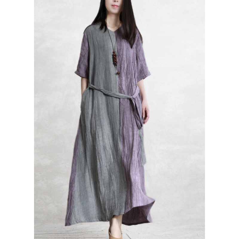 Vintage Purple Grey Patchwork V Neck  Pockets wrinkled Tie Waist Linen Dress Half Sleeve