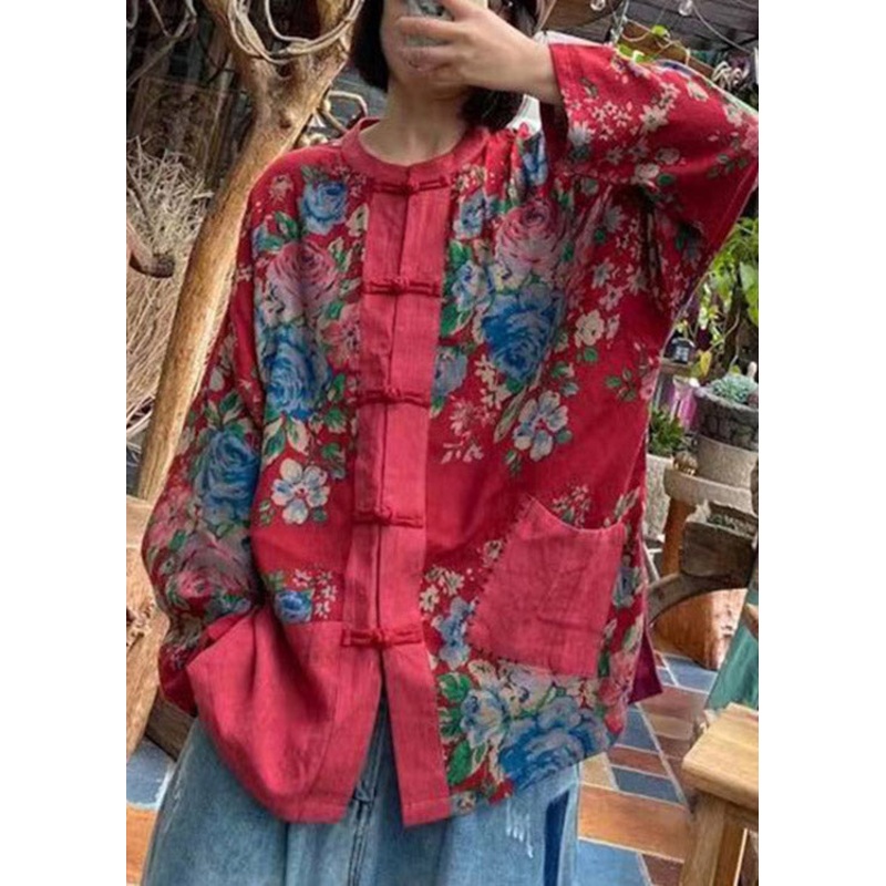 Vintage Red O-Neck Print Button Pockets Cotton Top Long sleeve