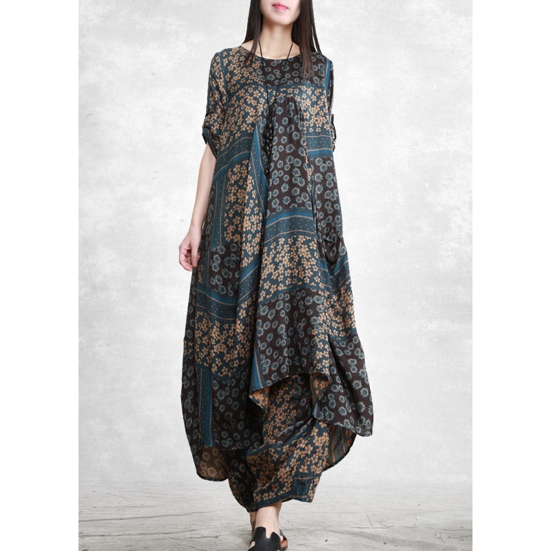 Vogue Blue O-Neck Print Shirts And Wide Leg Pants Silk Two Piece Set Half Sleeve