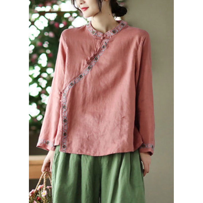 Watermelon Red Embroideried Floral Linen Shirt Long Sleeve