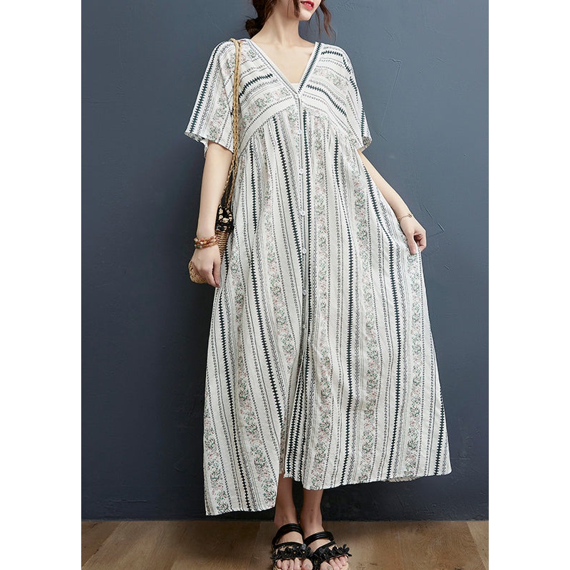 White Baggy Cotton Beach Dresses Button Short Sleeve