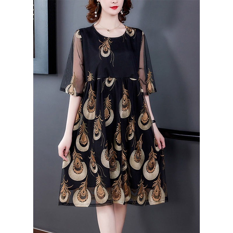 Women Black Embroideried Tulle Patchwork Wrinkled Chiffon Dress Half Sleeve