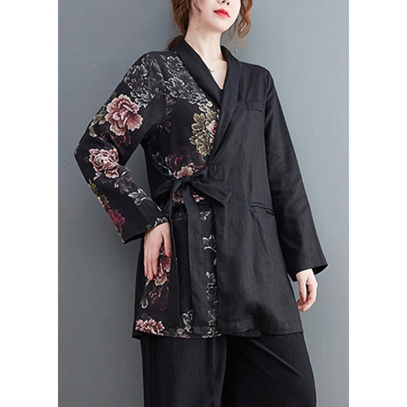 Women Black tie waist Asymmetrical Pockets Print Linen coat Long Sleeve