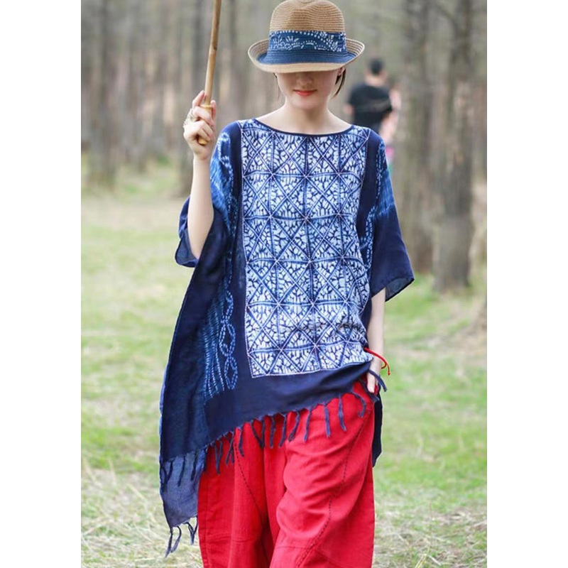 Women Blue Asymmetrical Design Tassel Print Linen Tops Batwing Sleeve