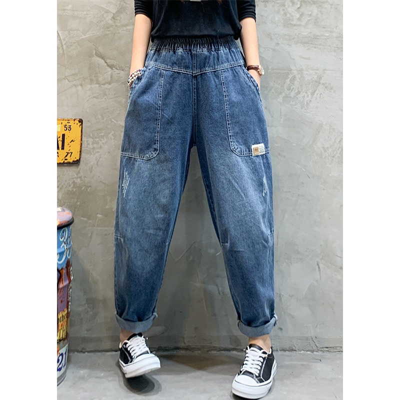 Women Blue elastic waist Pockets Denim Pants Spring