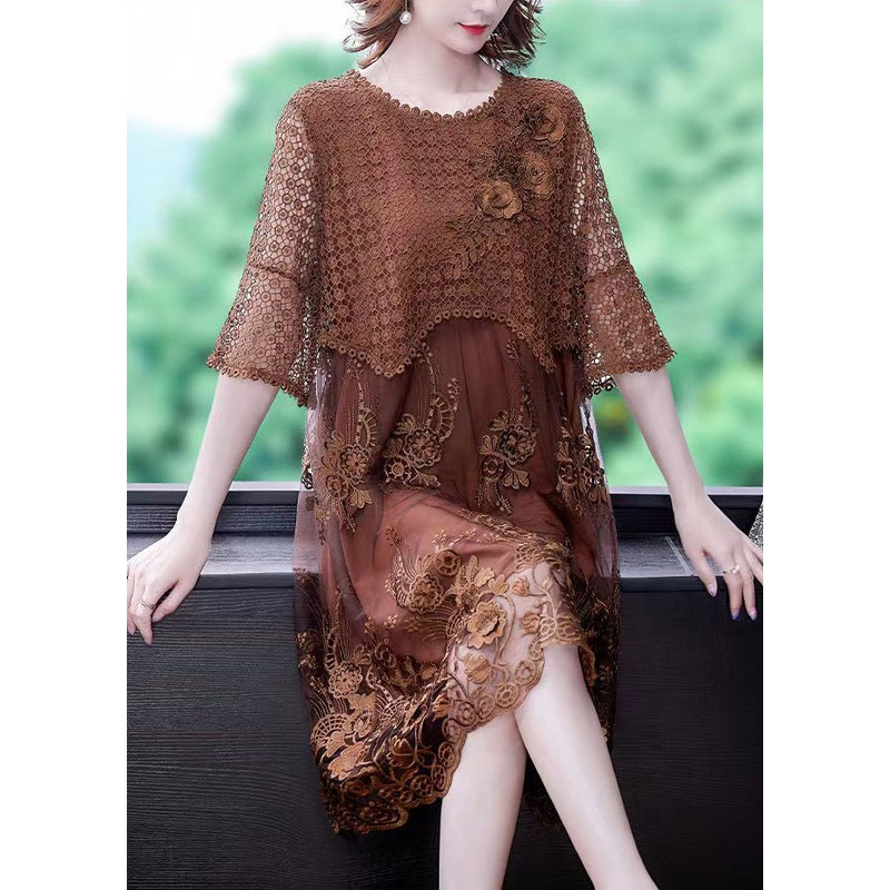 Women Brown O-Neck Embroideried Lace Vacation Dresses Half Sleeve