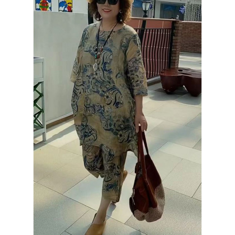 Women Khaki O-Neck Print Linen Two Piece Suit Set Half Sleeve