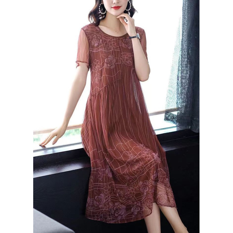 Women Light Brown O-Neck Wrinkled Patchwork Chiffon Dress Half Sleeve