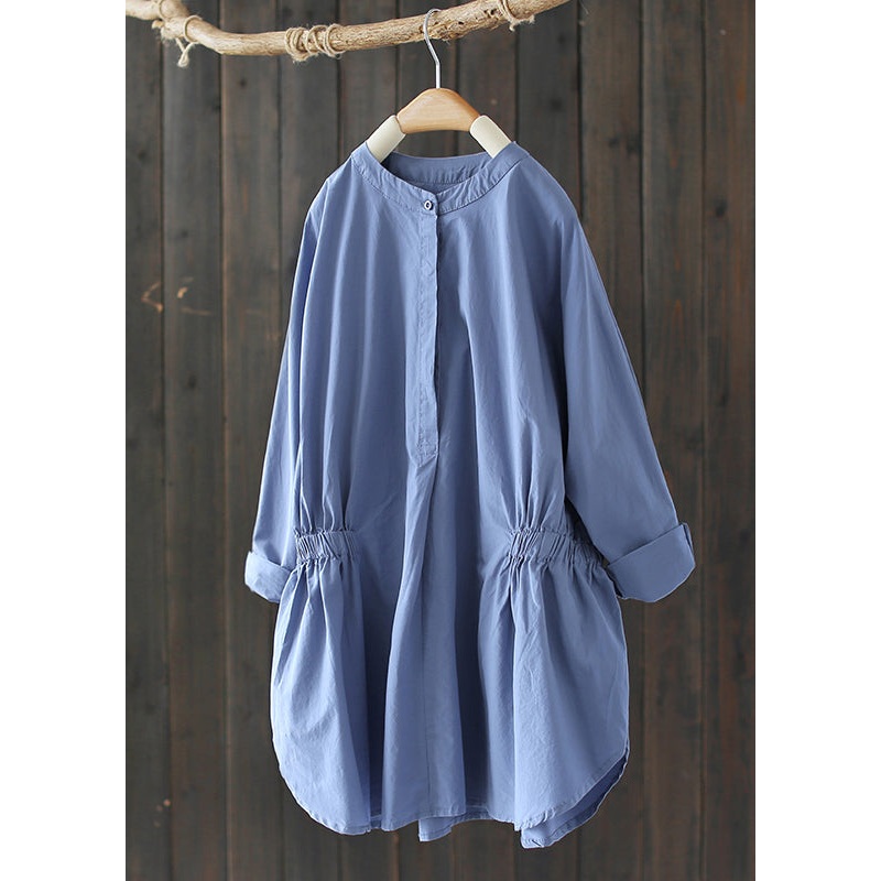 Women Sky Blue Stand Collar Cinched Shirt Tops Long Sleeve