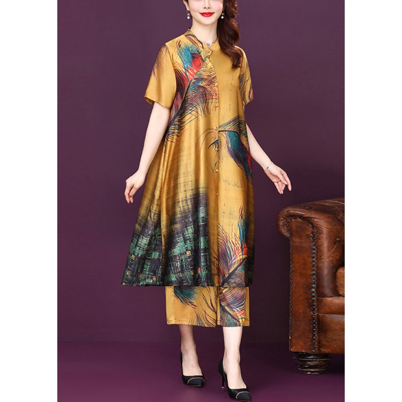 Yellow Button Print Silk Shirt Top And Pants Women Sets Two Pieces High Waist Summer