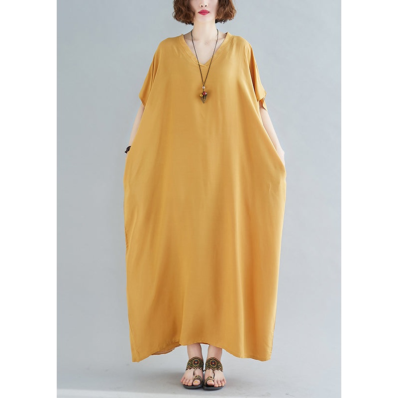 Yellow Original Design Cotton Holiday Dress V Neck Short Sleeve