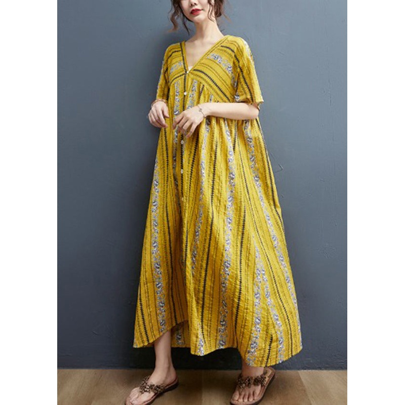 Yellow Print Cotton Maxi Dresses Short Sleeve