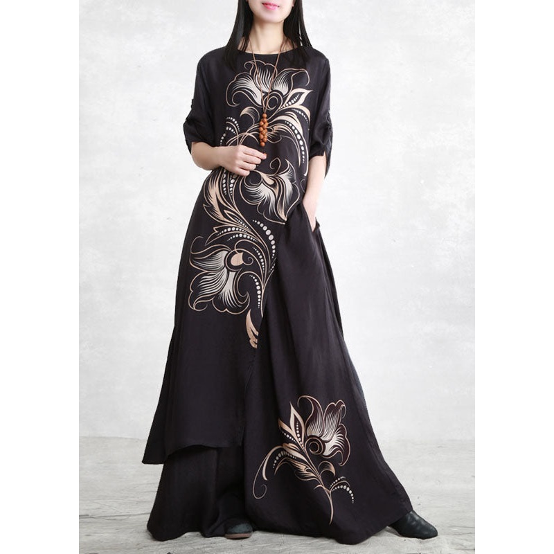 Beautiful Black Asymmetrical Pockets Print Tops And Wide Leg Pants Two Pieces Set Spring