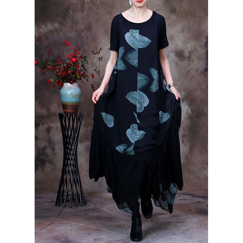Beautiful Black Asymmetrical Print Chiffon Strap Dress And Tanks Two Pieces Set Summer