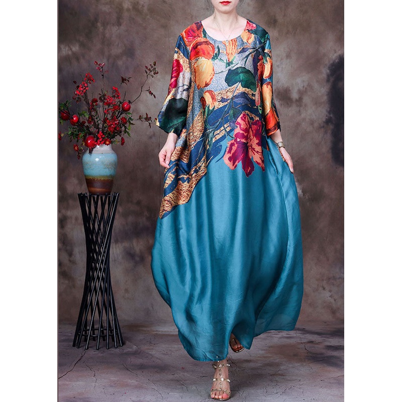 Beautiful Blue O-Neck Print Silk Long Dress Bracelet Sleeve