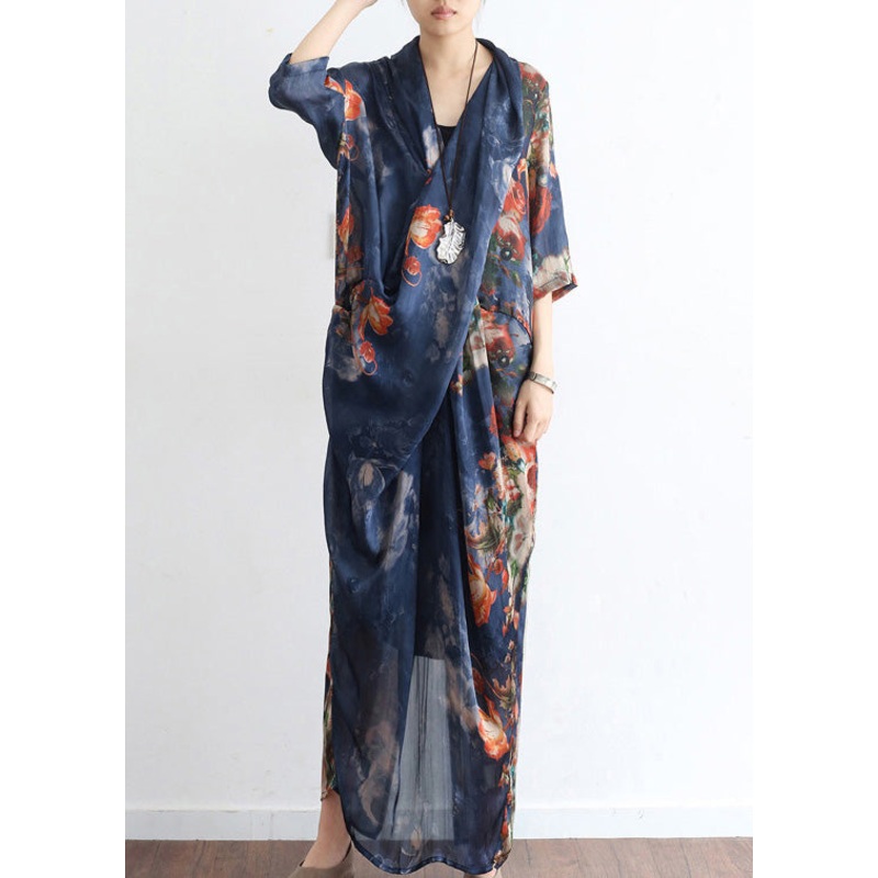 Beautiful Blue V Neck Asymmetrical Print Chiffon Dress Two Pieces Set Half Sleeve