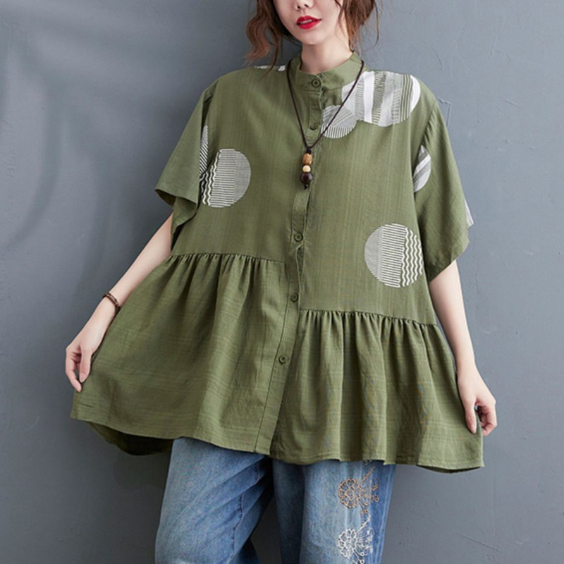 Beautiful Green Stand Collar Print Shirt Top Short Sleeve