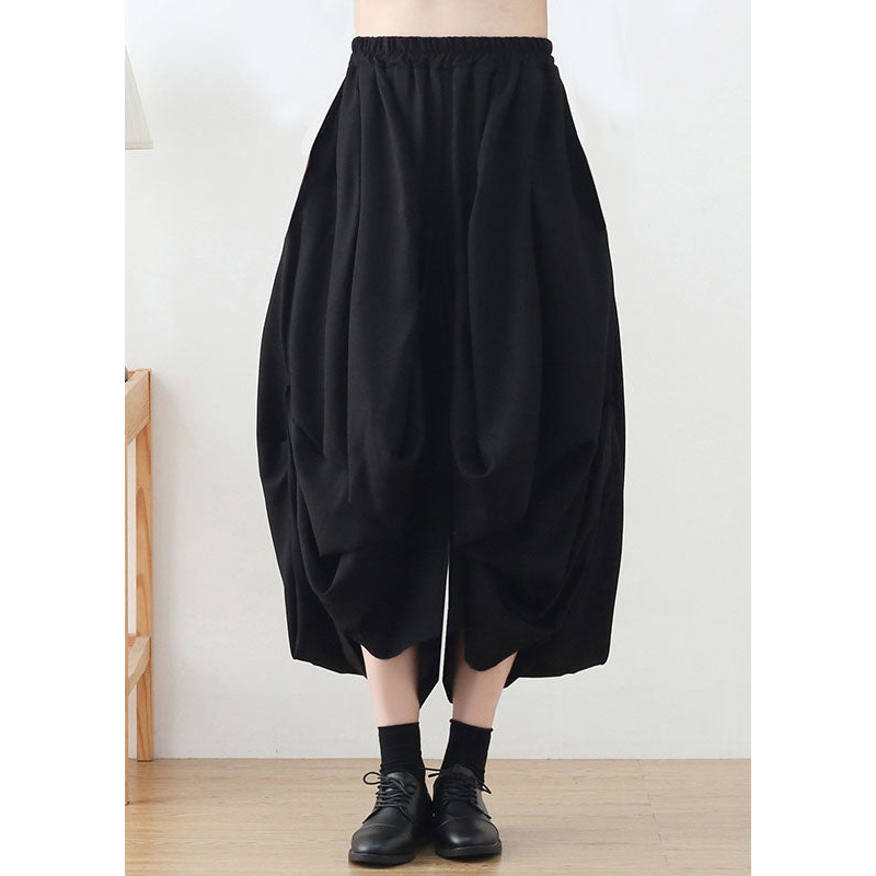 Black Baggy Cotton Harem Pants Elastic Waist Asymmetrical Summer