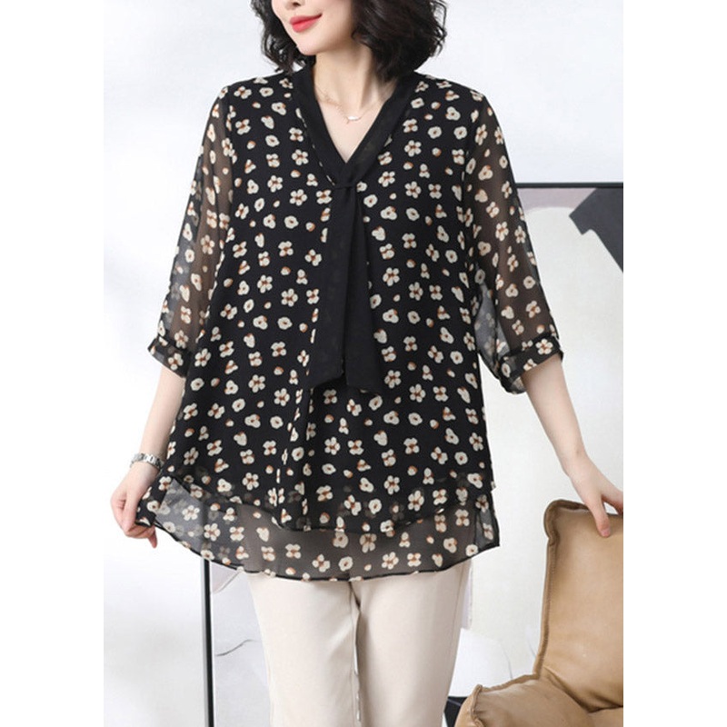 Black Floral Layered Shirt Tops Three Quarter sleeve