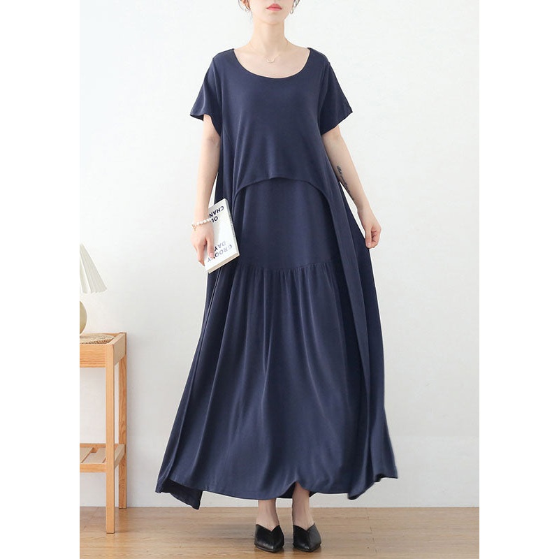 Blue Baggy Beach Dresses Solid Asymmetrical Design Short Sleeve