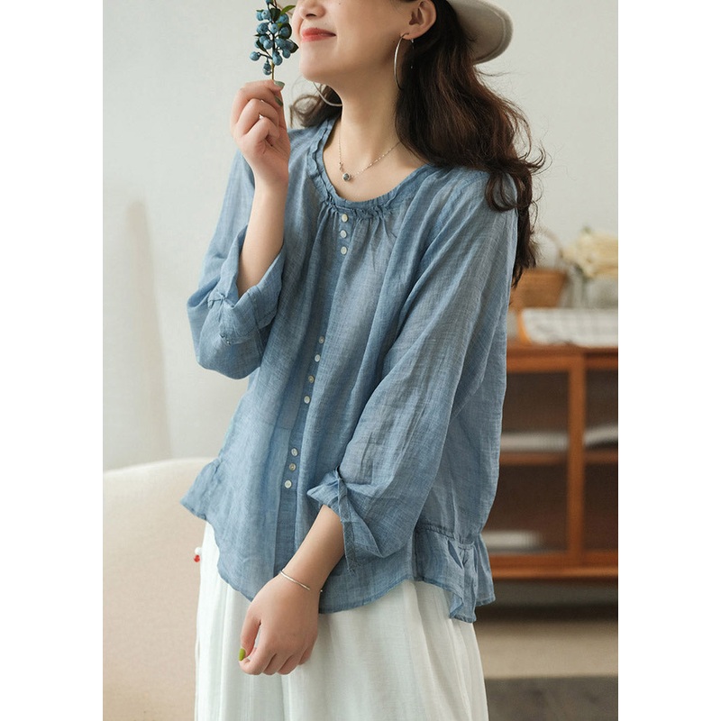 Blue Solid Linen Shirt Top Button Ruffled Long Sleeve