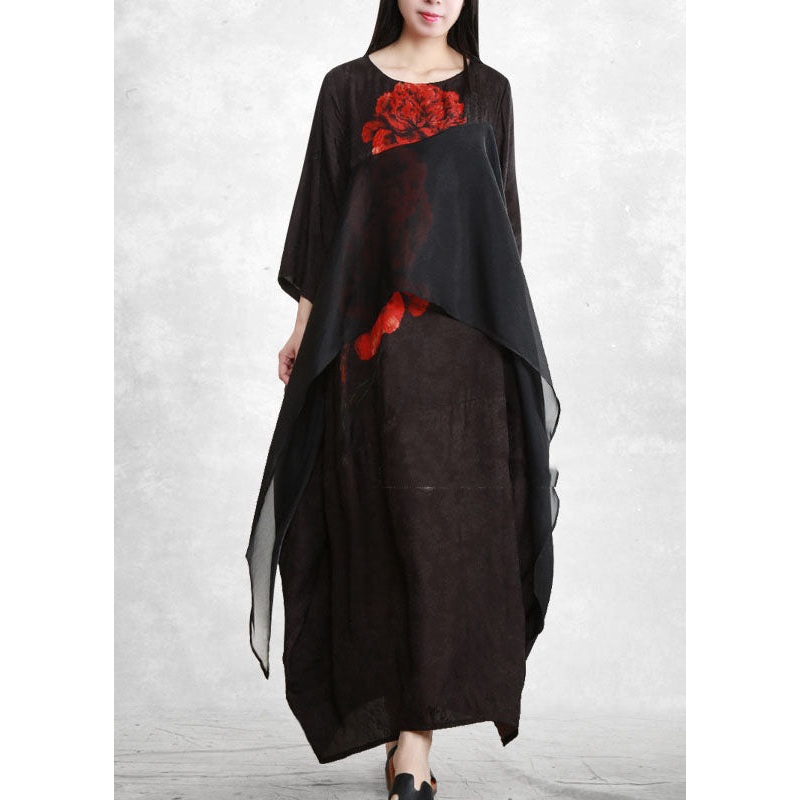 Bohemian Black O-Neck Asymmetrical Floral Print Long Dresses Three Quarter sleeve