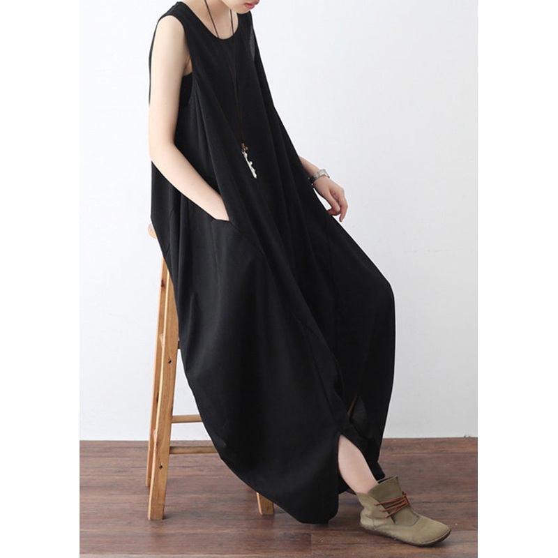 Bohemian Black O-Neck Zip Up Draping Pocket Chiffon Jumpsuit Sleeveless