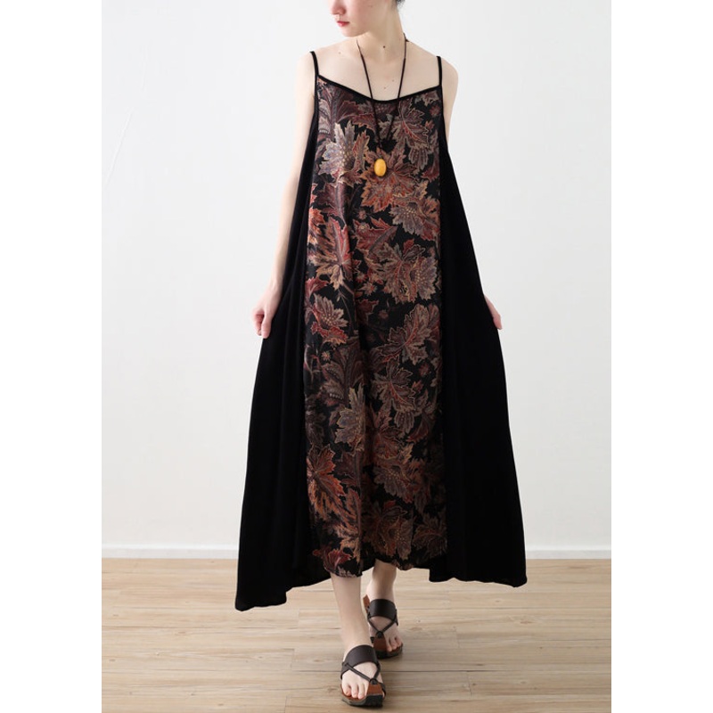 Bohemian Black Patchwork Chiffon Spaghetti Strap Beach Dress Summer