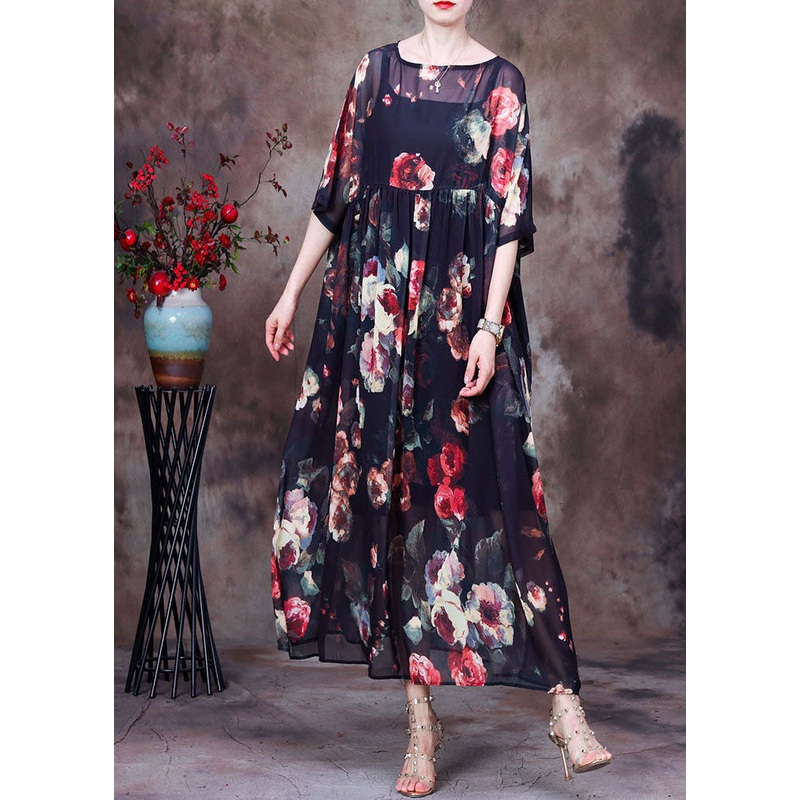 Bohemian Black Wrinkled Print Chiffon Long Dress And Dress Spaghetti Strap Two Piece Suit Set Summer