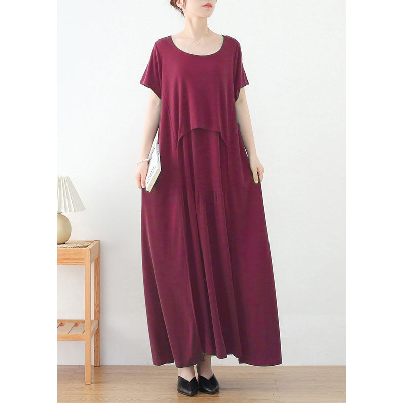Bohemian Red O-Neck Exra Large Hem Long Dress Short Sleeve