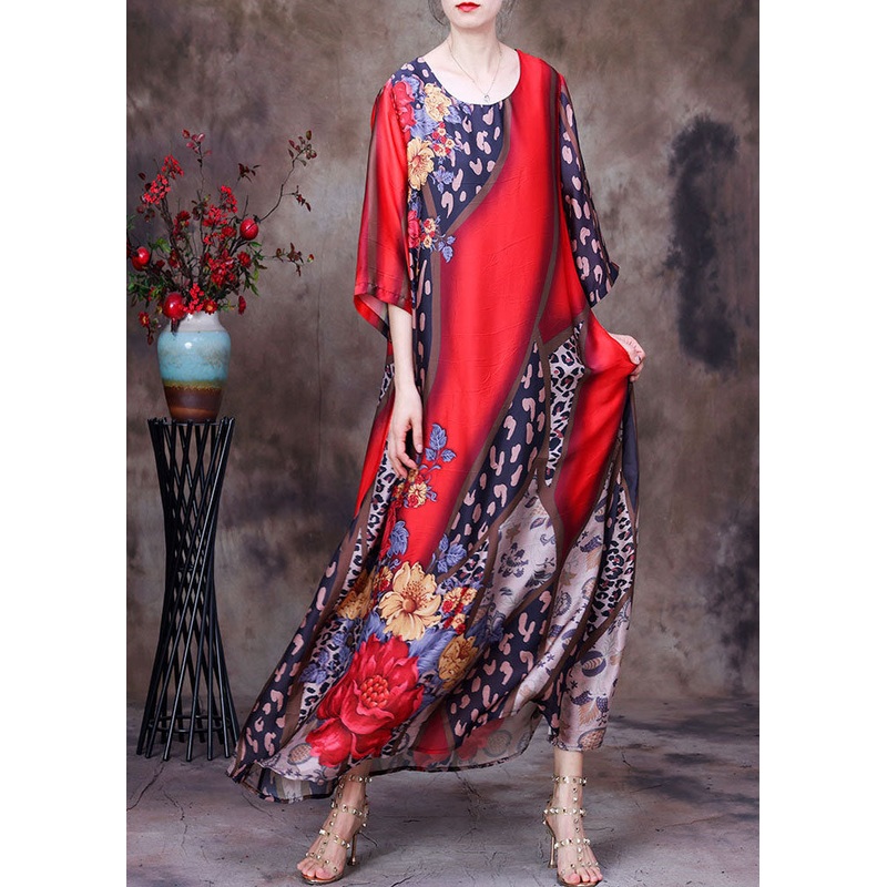 Bohemian Red O-Neck Print Side Open Silk Long Dress Short Sleeve